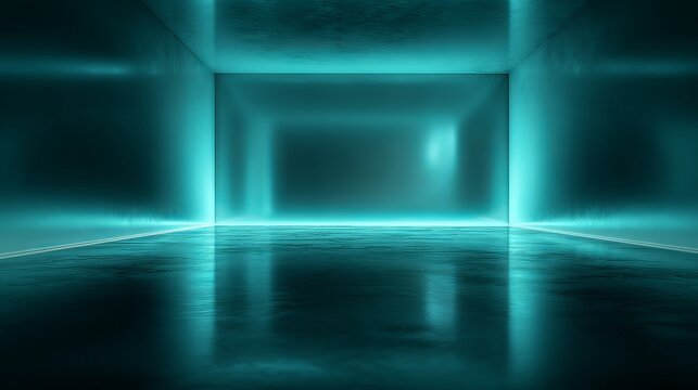 Bluegreen gradient studio room abstract background reflective walls and floor with neon light reflections digital technology futuristic theme