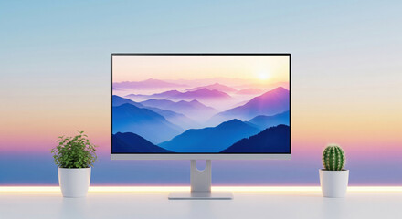 Fototapeta premium Modern computer monitor with a landscape wallpaper on a clean desk