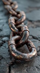 Rusty metal chain links resting on a cracked surface in an industrial setting during daylight hours
