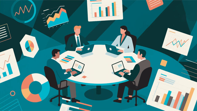 illustration of people discussing at a round table with floating visual diagram graphic elements vector design template
