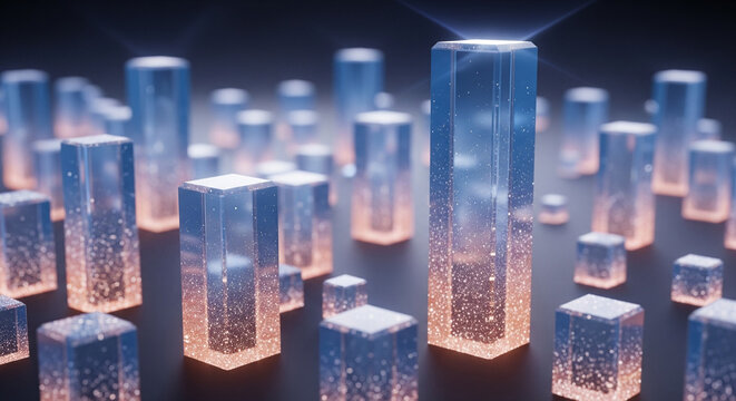 Abstract 3D background with glowing crystal blocks. Subsurface scattering effect in transparent glass with a blue-brown gradient. Ethereal light texture with cinematic shallow depth of field