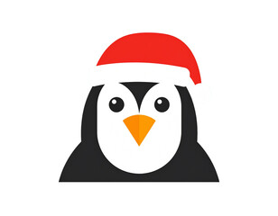 Minimal Flat Icon of Penguin Head with Santa Hat, Centered Composition, Isolated