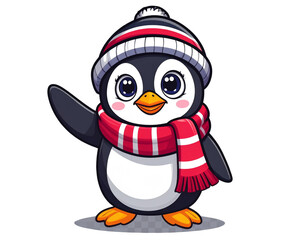 Cartoon Penguin in Striped Beanie and Scarf, Cheerful Pose, Isolated