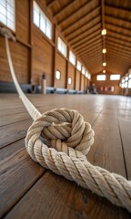 Obraz premium A thick natural fiber rope with a prominent knot lies on the old wooden floor of a spacious empty hall.