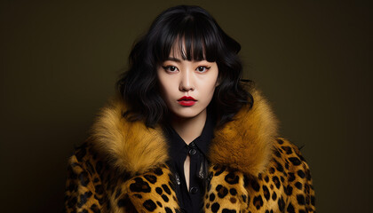 Stylish young model posing in leopard print suit against black studio backdrop