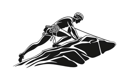 Rock climber ascending steep outdoor rock face with focused posture and safety rope