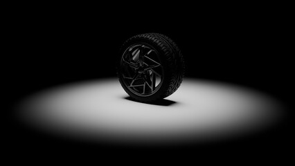 Futuristic tire design illuminated with dramatic spotlight