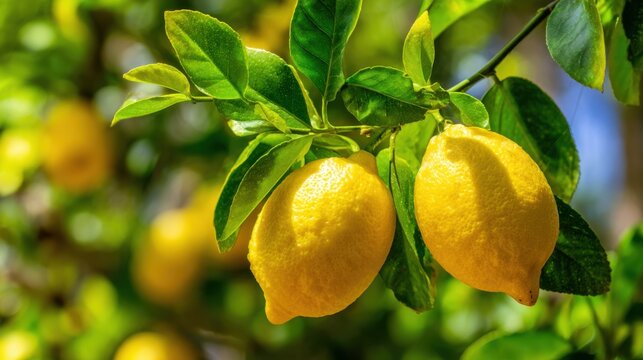 Two ripe lemons dangle from a vibrant green lemon tree. The warm sunlight highlights their glossy yellow skin against lush, healthy leaves. A serene atmosphere surrounds the garden.