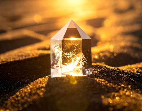 Crystal point on sand at sunset