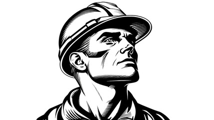 Worker wearing safety helmet looking upward with determined expression in high contrast illustration