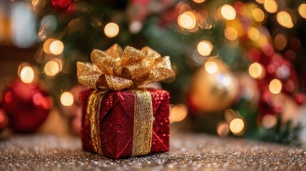 A beautifully wrapped red gift box with a shimmering gold ribbon sits on a table, surrounded by festive decorations and a twinkling Christmas tree in the background.