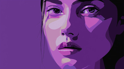 A digital illustration of International Women's Day in a minimalist vector style. purple tones for the face, with intense shading and subtle highlights