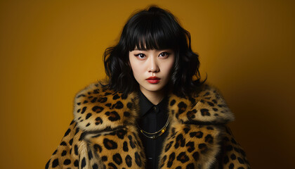 Stylish young model posing in leopard print suit against black studio backdrop