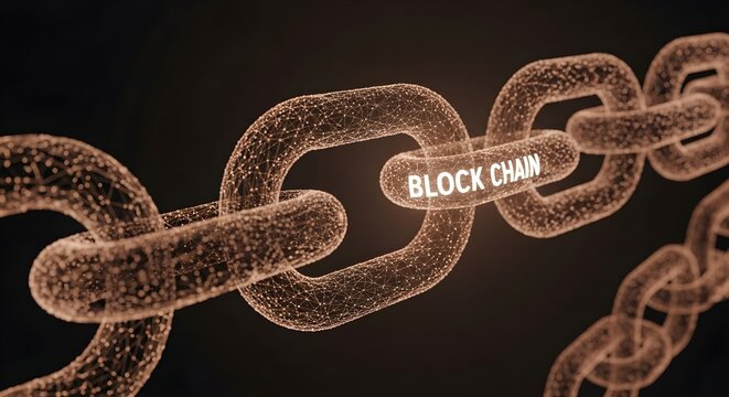 Digital blockchain chain with highlighted block containing the words BLOCK CHAIN, representing security and technology