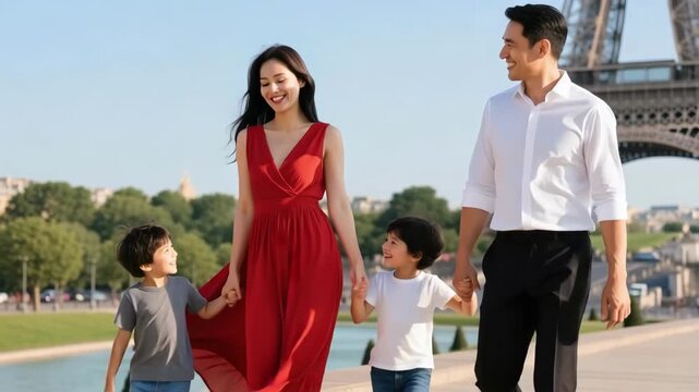 Happy family walking together near Eiffel Tower in Paris, parents and children holding hands enjoying vacation, lifestyle travel photography with summer fashion and iconic landmark background 
