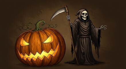 Grim reaper with jack-o-lantern Halloween illustration