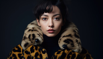 Stylish young model posing in leopard print suit against black studio backdrop