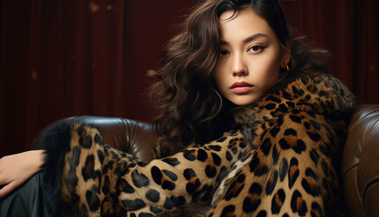 Stylish young model posing in leopard print suit against black studio backdrop