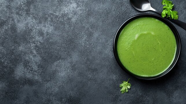 Green vegetable cream soup in black bowl on dark textured background