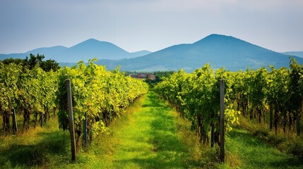 vineyard. Serene vineyard landscape with orderly grapevine rows under natural sunlight, evoking tranquility and growth. travel magazines.