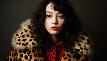 Stylish young model posing in leopard print suit against black studio backdrop