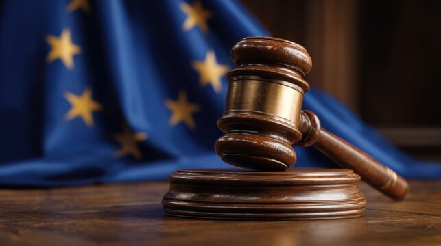 A wooden gavel is placed on its circular block, symbolizing justice, beside a blue flag representing the European Union, adorned with yellow stars, conveying legislative authority.