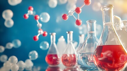 Chemistry classroom wall molecular structures and flasks floating midair modern AR teaching concept