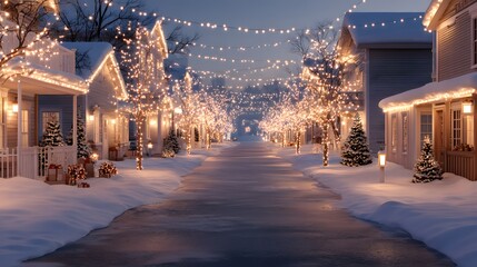 snowy street with christmas lights 3d illustration