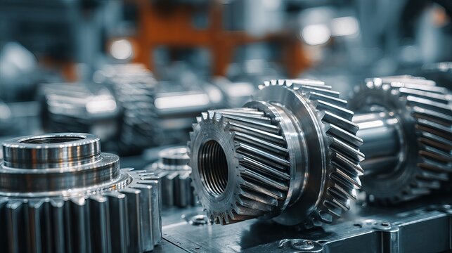 Automotive workshop gears and spare parts background Factory production of truck gearbox elements - Powered by Adobe