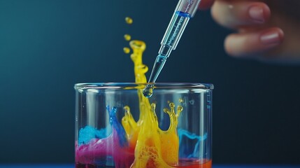 Chemistry composition featuring hands pipette dropping colorful liquid into beaker lab safety precision experiment moment