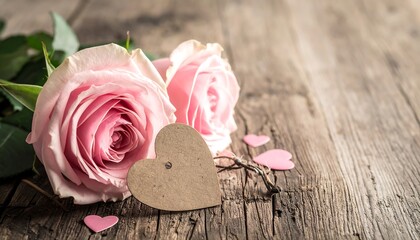 Pink roses on a rustic wooden table
