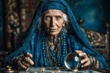 Senior woman with blue turban and dress using crystal ball for fortune telling and tarot card reading