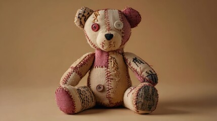 Horror-Themed Patchwork Teddy Bear with Button Eyes on Beige Background