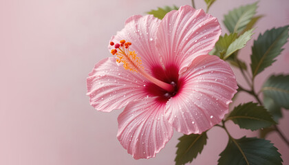 ai generator pink hibiscus flower with water drops in soft pastel tones for wedding invitation card design.