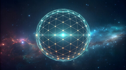 Glowing geometric sphere in cosmic nebula globe network
