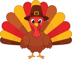 Cartoon Thanksgiving turkey with pilgrim hat, big eyes and colorful tail feathers, festive fall bird illustration for holiday season design.