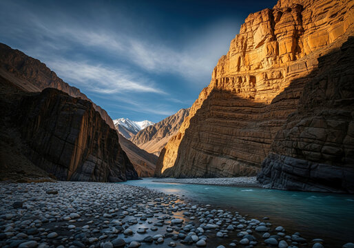 A breathtaking view of a zanskar river flowing through a narrow gorge, with steep, rocky canyon walls under a blue sky.