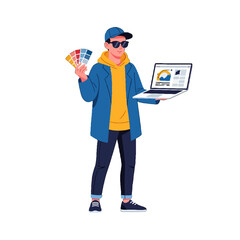 Creative Designer Holding Laptop and Color Swatches