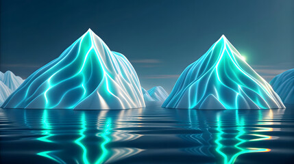 Glowing icebergs in dark blue water with reflections