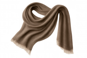 Soft cashmere scarf with delicate fringes drifting against transparent surface, highlighting winter fashion elegance