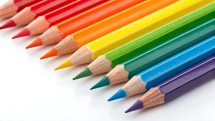 Bright Rainbow: Close-Up of a Row of Wooden Coloring Pencils Arranged by Color Spectrum on a White Surface.