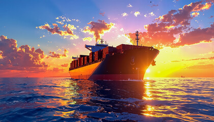 Cargo Ship Sailing Across Calm Ocean During Golden Sunset Dramatic Seascape
