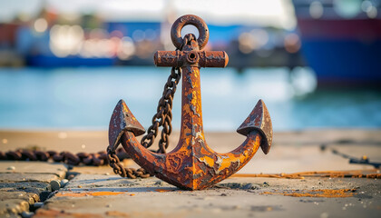 Rusty Metal Anchor Close Up Lying on Dockside Maritime Object