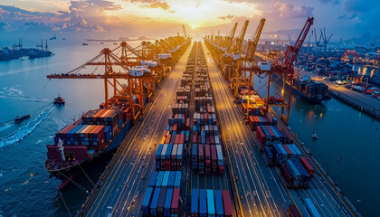 Industrial Container Port with Giant Cranes Loading Cargo Ships at Sunrise