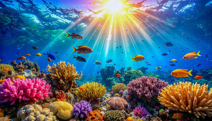 Underwater Coral Reef Ecosystem with Tropical Fish and Sunlight Rays
