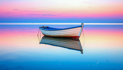 Wooden Fishing Boat Floating on Calm Sea During Pastel Dawn Sky