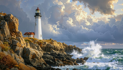 Tall Lighthouse on Rocky Coastal Cliff with Waves Crashing and Dramatic Cloudy Sky