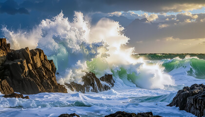 Powerful Ocean Wave Crashing Against Rocks Frozen in Motion with Splashes