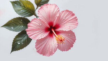 ai generator pink hibiscus flower with water drops in soft pastel tones for wedding invitation card design.