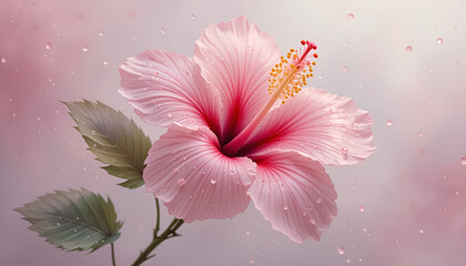 ai generator pink hibiscus flower with water drops in soft pastel tones for wedding invitation card design.